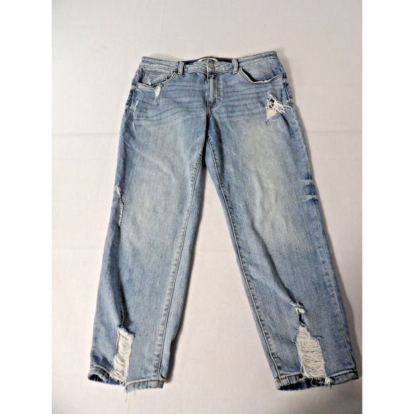 Willow + Root Jeans Midrise Girlfirend Sz 32 Distressed Cropped Blue Denim Stret - Picture 3 of 15